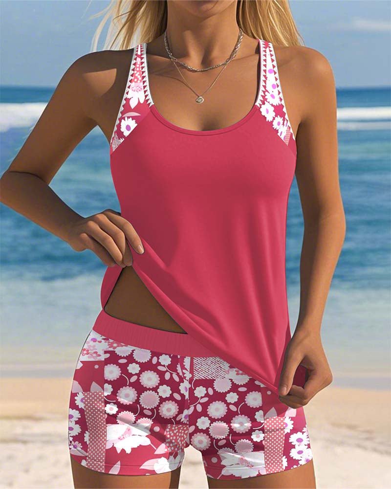 Tankini sans manches d'été avec imprimé floral et shorts confortables - ClaretteClarette